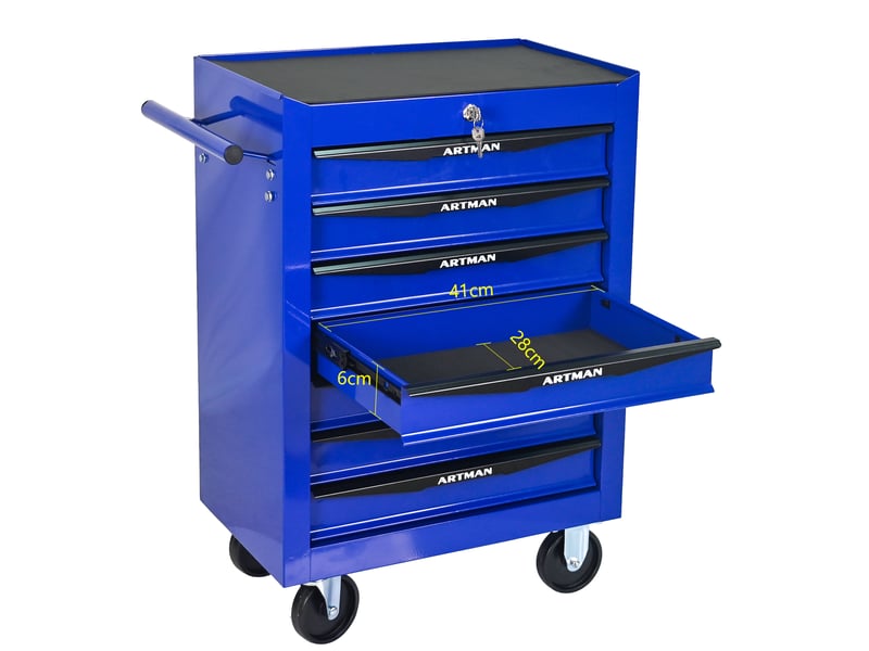 Armoire à outils mobile 60 x 33 x 77,5 cm noir et bleu en acier, 7 tiroirs à serrure, roulettes freinées - Conforama A