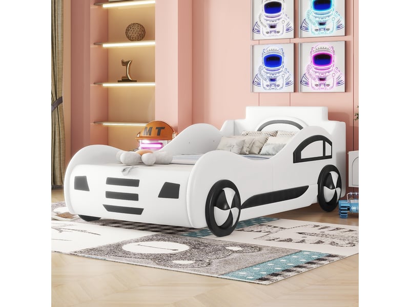  Lit voiture avec rangement 90 × 200 cm, pu et mdf, sommier relevable hydraulique, sans matelas, blanc et gris, 219 cm  - Conforama D
