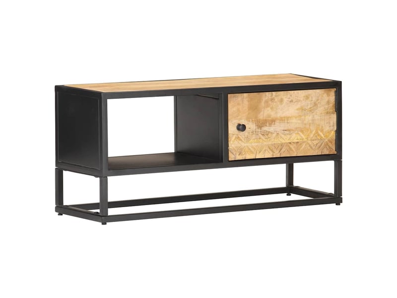  Meuble tv - banc tv - meuble de rangement avec porte sculptée 90x30x40 cm bois de manguier brut  - Conforama B