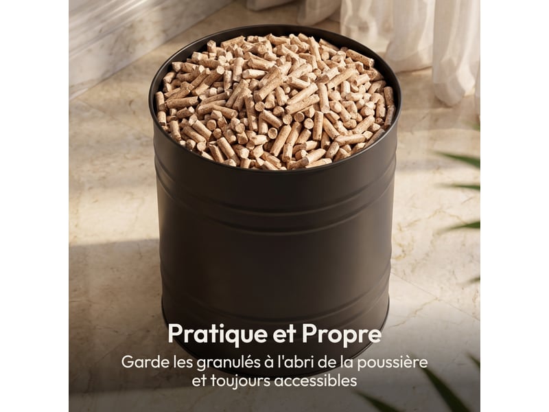  Casabel réservoir pellets &amp; granulés rond, cap. 15kg, métal noir, couvercle bambou, compact &amp; élégant, pour poêle  - Conforama D