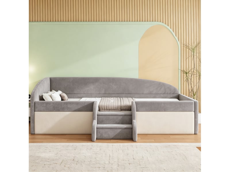 Lit enfant rembourré modenvie 90 x 190 cm avec marches, barrières et sommier à lattes, gris - Conforama D