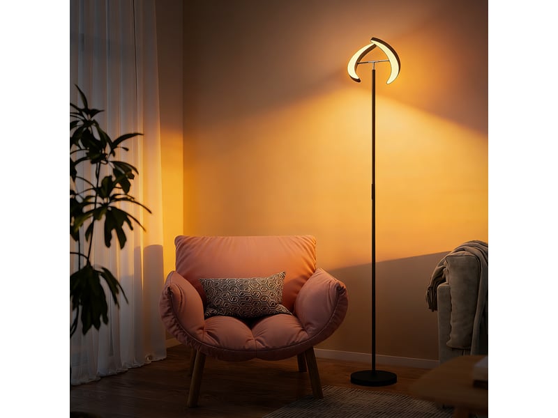  Lampadaire à intensité variable 2700k-6000k avec télécommande et double tête rotative à 350°, noir  - Conforama C