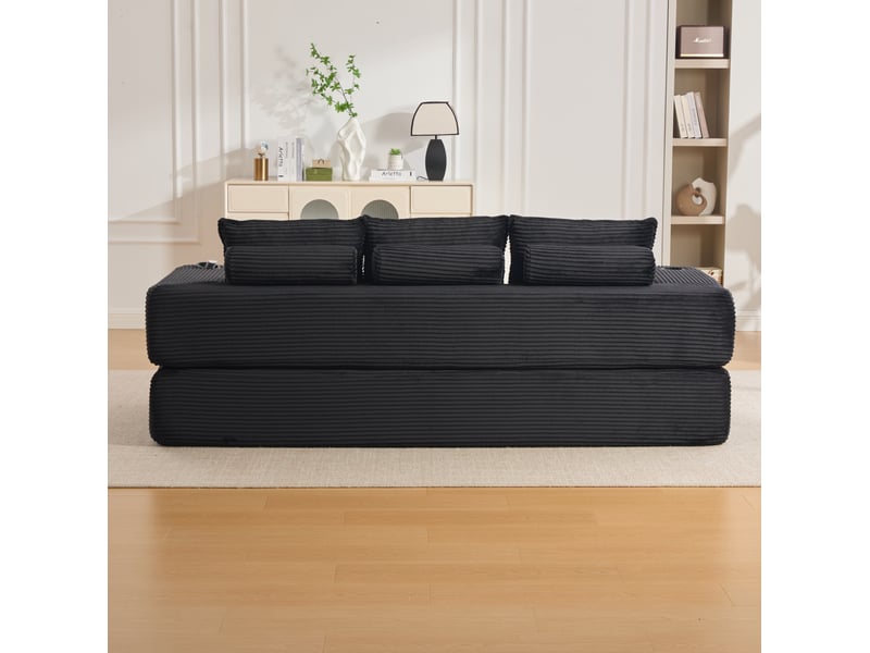  Canapé convertible modenvie 3 places en velours côtelé noir, poches de rangement, porte-gobelet et coussins à mémoire de forme, 232 x 98 x 80 cm  - Conforama E