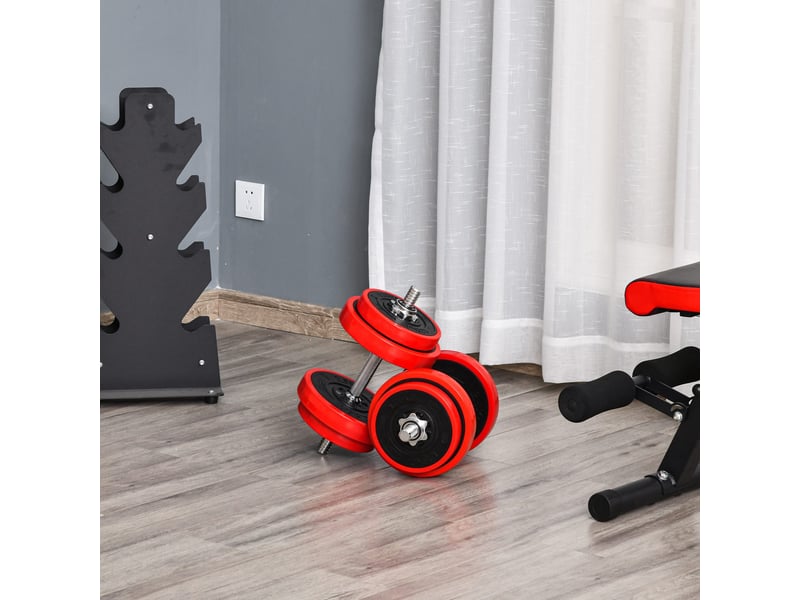  Ensemble haltères réglables 20 kg, 2 en 1, 8 disques, 2 barres, manivelle, musculationhaltérophilie, noirrouge.  - Conforama C