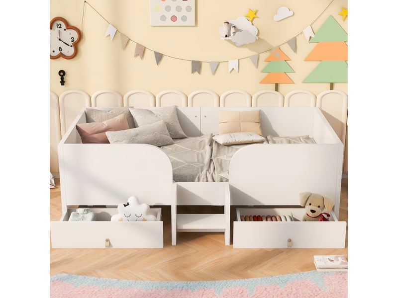  Lit enfant 90x200 cm avec rangements et barrière blanc  - Conforama E