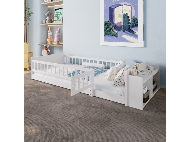 Lit enfant 90 x 200 cm, cadre de lit avec rangement, étagères ouvertes, 1 place, structure multifonction, bois massif, blanc Morn Vibe - Conforama B
