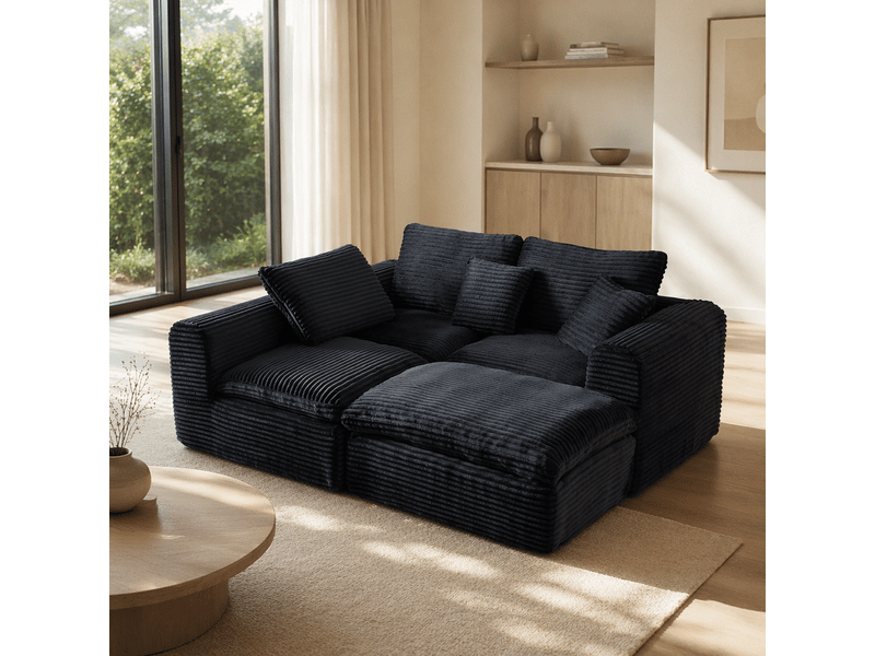  Canapé modulable compression 3 places,canapéà d'angle en l,280x180x65cm,velours côtelé,mousse et ressorts,noir et bleu  - Conforama W
