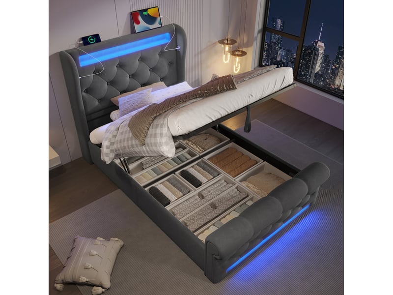 Lit coffre 90x200 cm éclairage led et ports usb et type c en velours gris - Conforama C