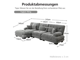 Canapé modulaire gris 3 places en tissu chenille, canapé d’angle en l avec ottomans mobiles pour salon, assise profonde et confortable
