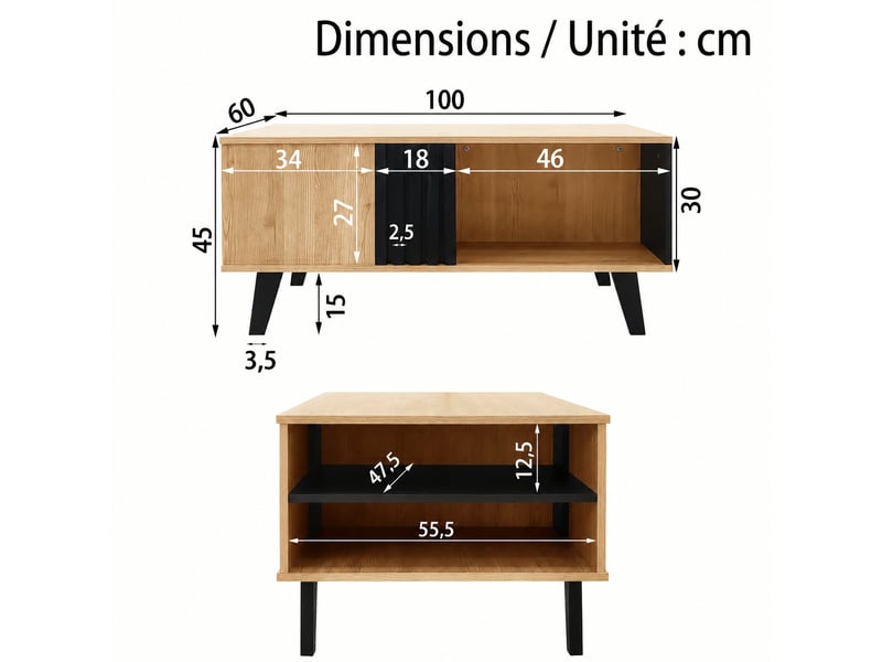  Table basse effet bois et noir avec rangements ouverts, 100 x 60 x 45 cm  - Conforama C