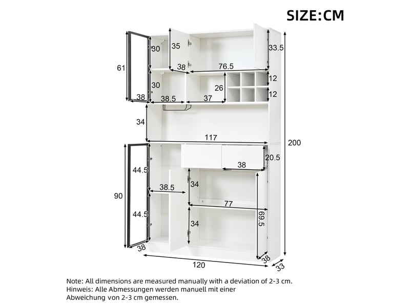  Vitrine haute 6 portes 2 tiroirs avec éclairage led et étagères ouvertes pour salon, blanc, 120 × 33 × 200 cm  - Conforama D