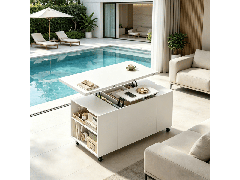  Table basse 50,5x100x53 cm, plateau escamotable, roulettes verrouillables, table basse salon, en bois et métal, blanc  - Conforama B