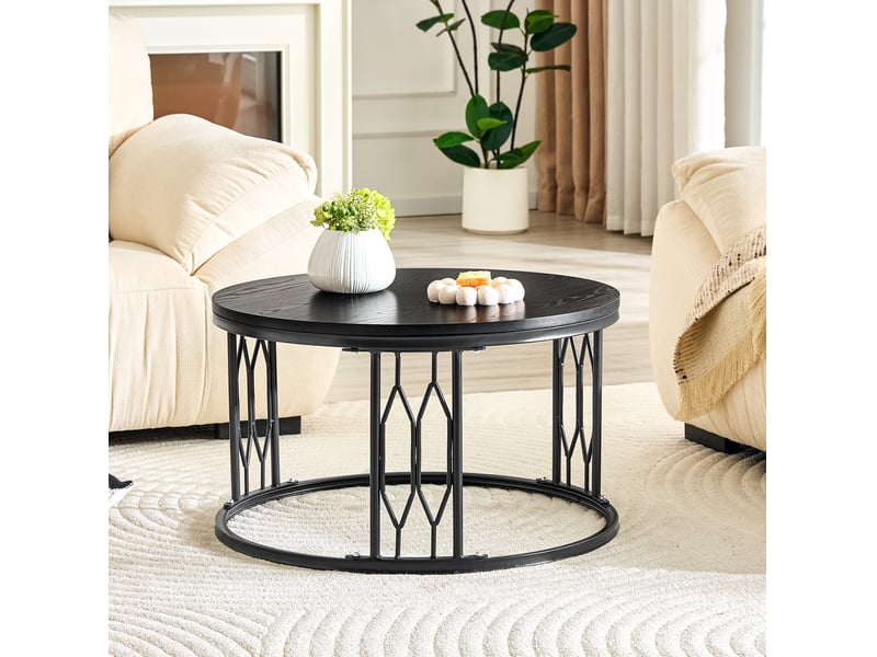  Table basse ronde 70x70x40,5 cm plateau aspect bois mdf et métal noire  - Conforama E