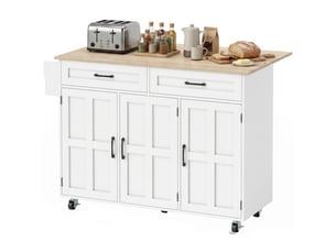 Îlot de cuisine plateau rabattable 3 portes 2 tiroirs blanc 129 x 72 x 90,5 cm
