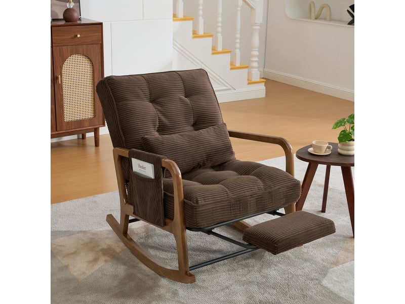 Fauteuil à bascule avec repose-pieds, dossier réglable et poche latérale en velours côtelé café, 70 × 80 × 92 cm - Conforama C