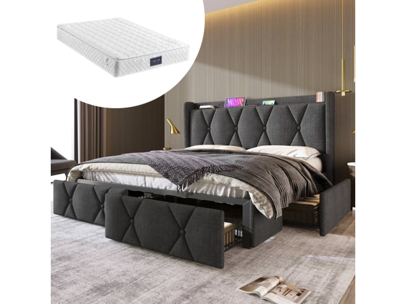  Lit double 140x200 cm gris usb — tête de lit, 4 tiroirs, matelas inclus  - Conforama B