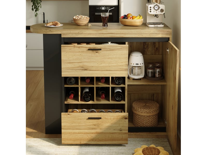 Bar extensible 138-220 x 39 x 105 cm, rangement intégré 2 tiroirs + casier vin, plateau effet bois mdf et métal, bois  - Conforama B