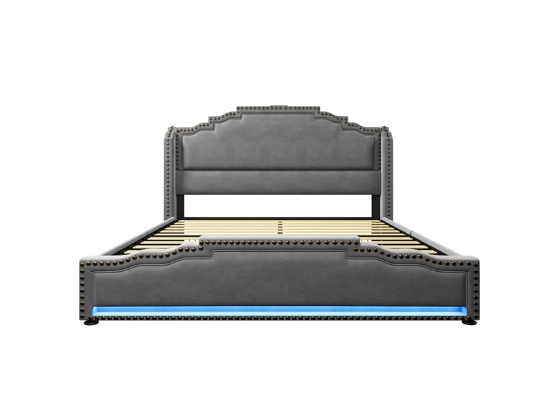 Lit rembourré, lit double 160x200 cm, 4 tiroirs, led, usbusb-c, sommier à lattes, matelas inclus, velours gris - Conforama B