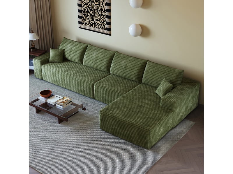Canapé d'angle modulable 4 places en velours côtelé vert, 340 x 175 x 83 cm, méridienne droite, sans montage, livré compressé, assise profonde CARDUME ESTIVAL - Conforama B