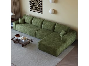 Canapé d'angle modulable 4 places en velours côtelé vert, 340 x 175 x 83 cm, méridienne droite, sans montage, livré compressé, assise profonde