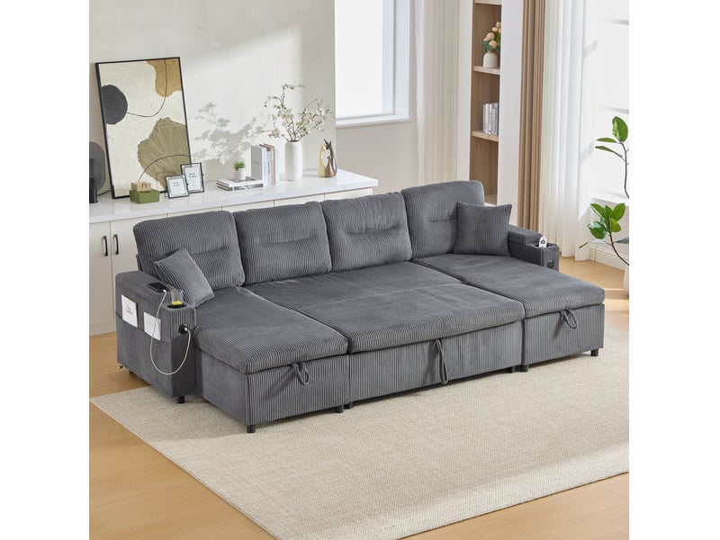  Canapé panoramique convertible modenvie 4 places en velours côtelé gris charbon avec deux méridiennes, rangements, porte-gobelets et usb type-c 272 x 136 x 86 cm  - Conforama B