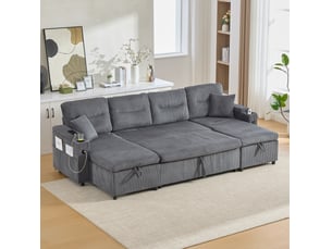 Canapé d'angle panoramique convertible <strong>MODENVIE</strong> <strong></strong> 4 places Velours côtelé gris avec coffre de rangement