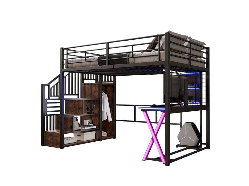  Lit mezzanine 140x200 cm avec éclairage led et bureau, lit double avec échelle de rangement et armoire, noir  - Conforama B