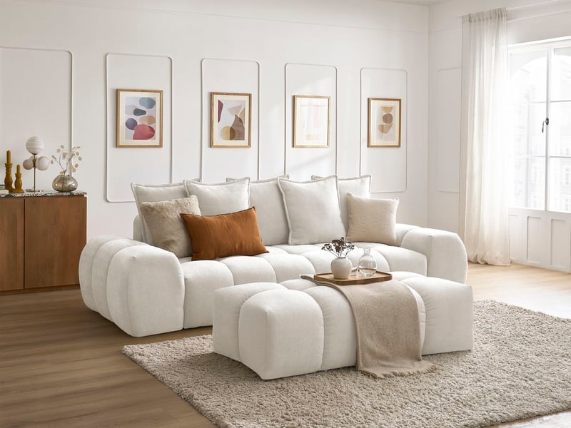  Bobochic canapé droit fixe 3 places everest tissu texturé avec pouf blanc EVEREST - Conforama B