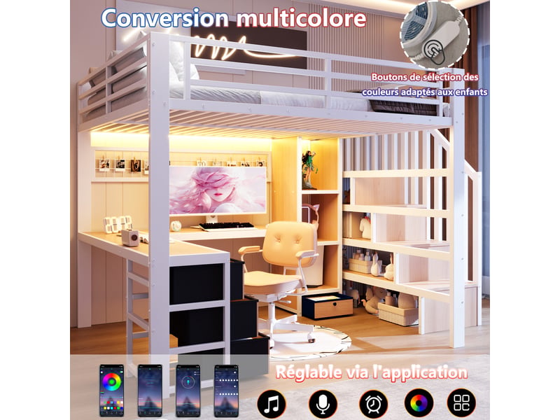 Lit mezzanine 140x200 cm en métal avec bureau, 4 tiroirs et escalier de rangement, lit superposé avec led, blanc - Conforama E