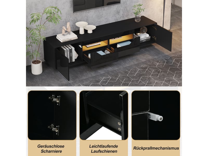  Meuble tv 180 cm avec rangement, led et 2 tiroirs avec placards, design noir brillant moderne pour salon  - Conforama E