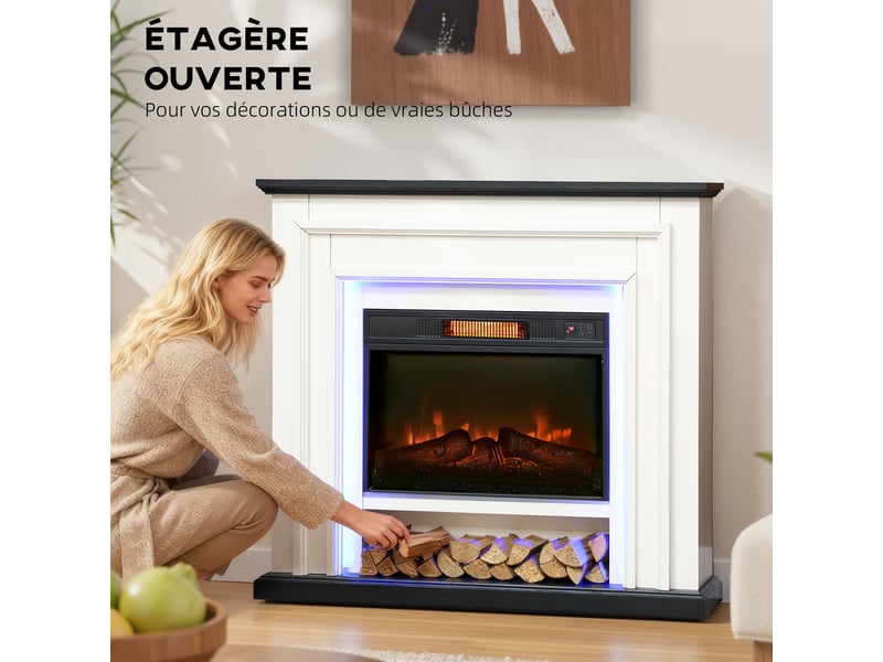 Cheminée électrique 1800w, fausse cheminée décorative lumières led rgb, effet flamme, manteau, 105 x 27 x 97 cm, noir  - Conforama E