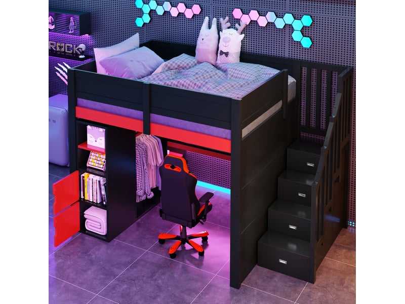 Lit mezzanine 140x200 avec bureau, rangements et led cravdom - Conforama C