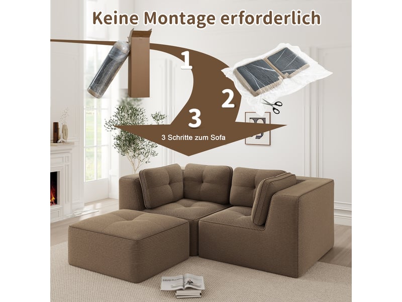 Canapé d'angle modulable 2 places en velours côtelé marron, sans montage, assise profonde, design sans cadre - Conforama W