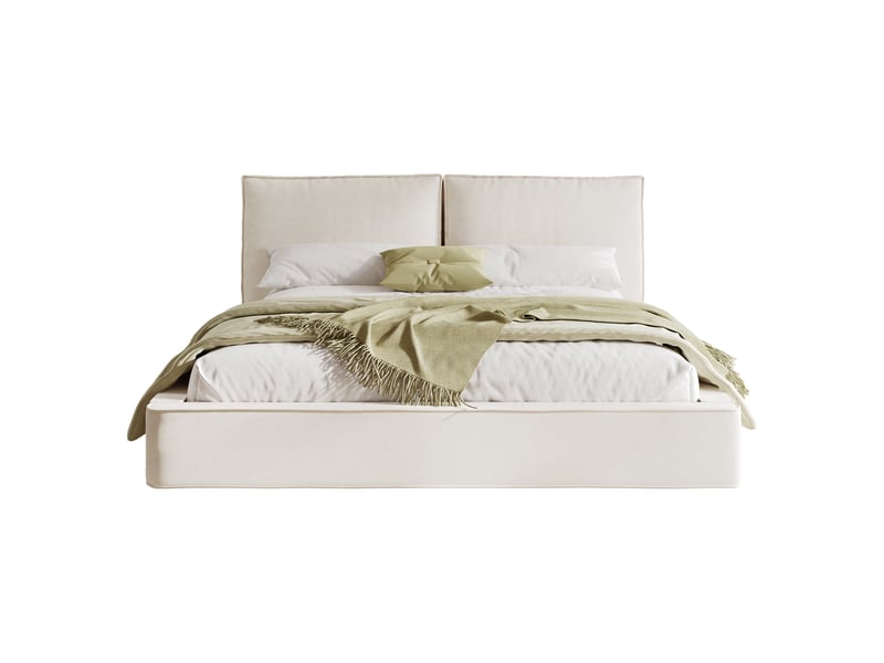  Lit rembourré 160x200 cm - tête de lit capitonnée 105 cm, sommier à lattes, revêtement chenille beige  - Conforama A