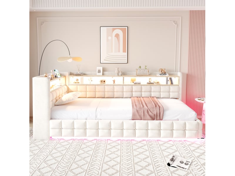  Lit coffre 90x200 cm, clayettes en bois équipées de led et prises, velours, beige, espace de stockage caché  - Conforama E