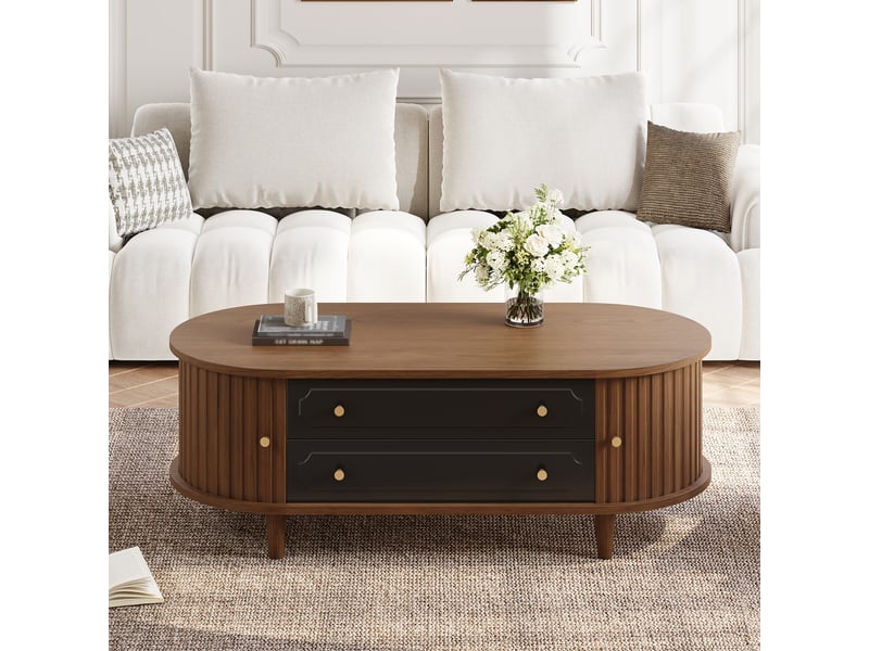  Table basse de salon effet noyer, deux tiroirs et portes coulissantes  - Conforama E