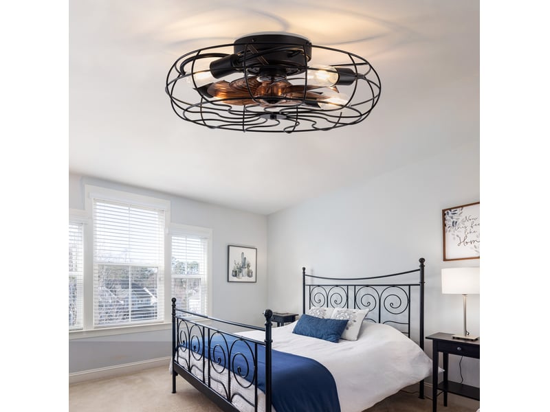  Ventilateur de plafond cage 19 pouces avec lumière, moteur dc réversible, télécommande, noir et noyer  - Conforama E