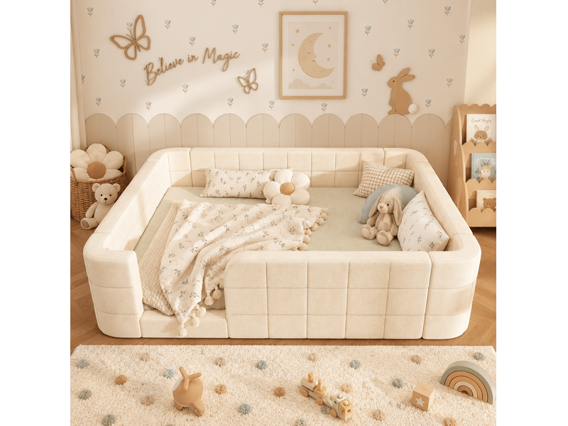 Lit double 140 × 200 cm avec contour de protection rembourré, sommier à lattes, en chenille beige pour chambre d'enfant - Conforama C