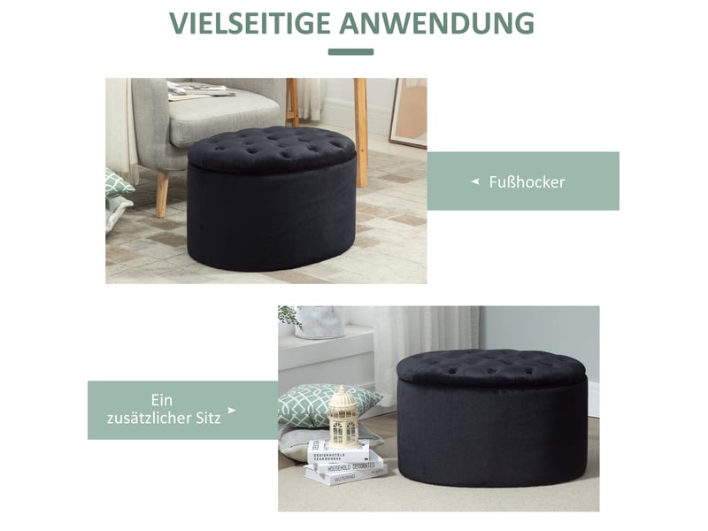  Banquette de rangement 71x52x42 cm ovale avec couvercle amovible polyester noir  - Conforama E