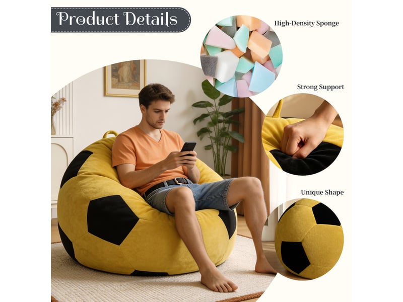  Fauteuil pouf ballon de football avec garnissage à mémoire de forme pour détente, en flanelle jaune et noir  - Conforama E