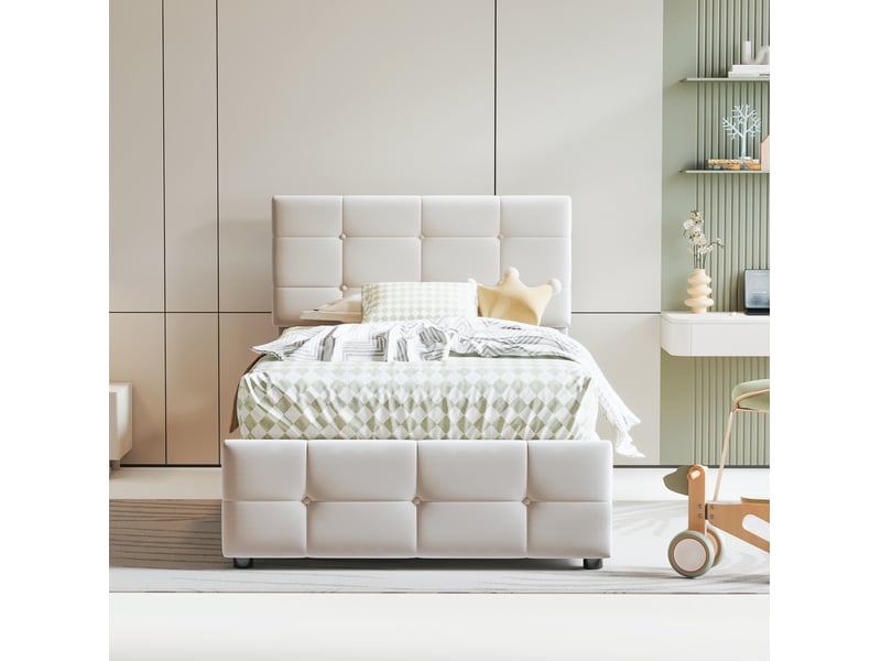 Lit enfant coffre hydraulique 90 x 200 cm, tête de lit réglable, velours beige - Conforama D