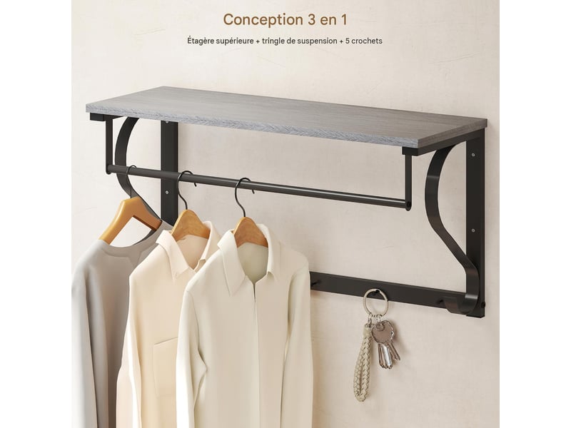  Porte-manteau mural avec étagère et 5 crochets métal gris 70x25x35,4 cm  - Conforama D