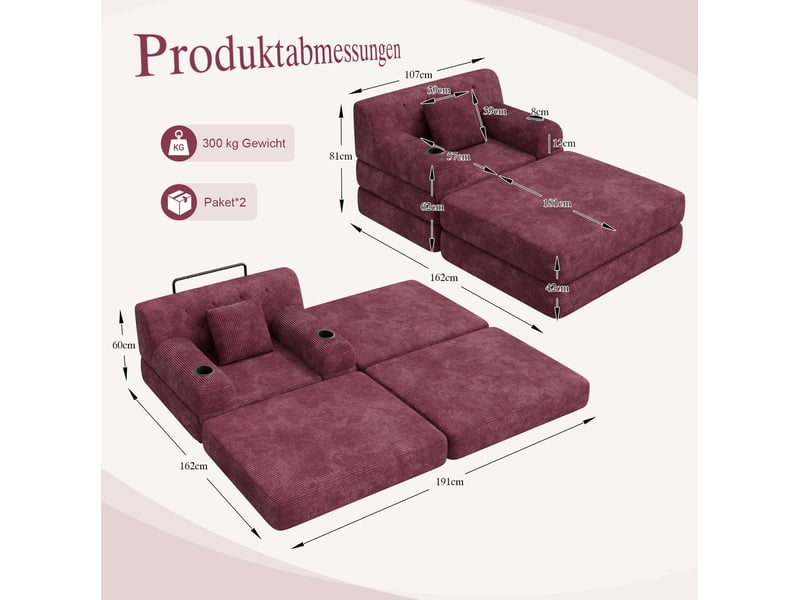  Fauteuil-lit 1 place avec pouf, couchage, 4 poches et 2 porte-gobelets en velours côtelé rouge lie-de-vin  - Conforama C