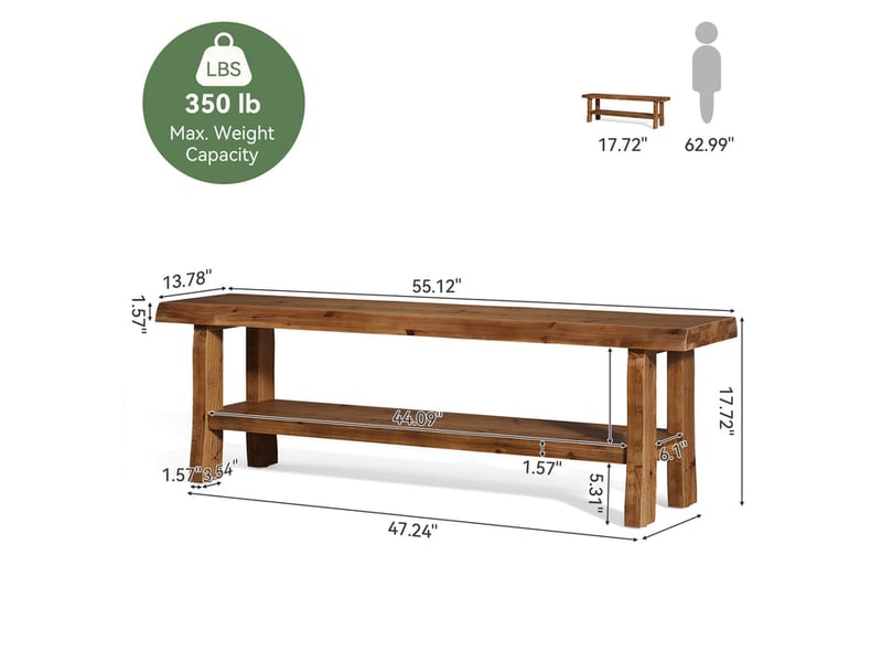  Banc de rangement pour chaussures en bois massif, banc d'entrée de 140 cm avec étagère inférieure, banc de style ferme pour bout de lit, chambre, salon, couloir ou vestibule  - Conforama C