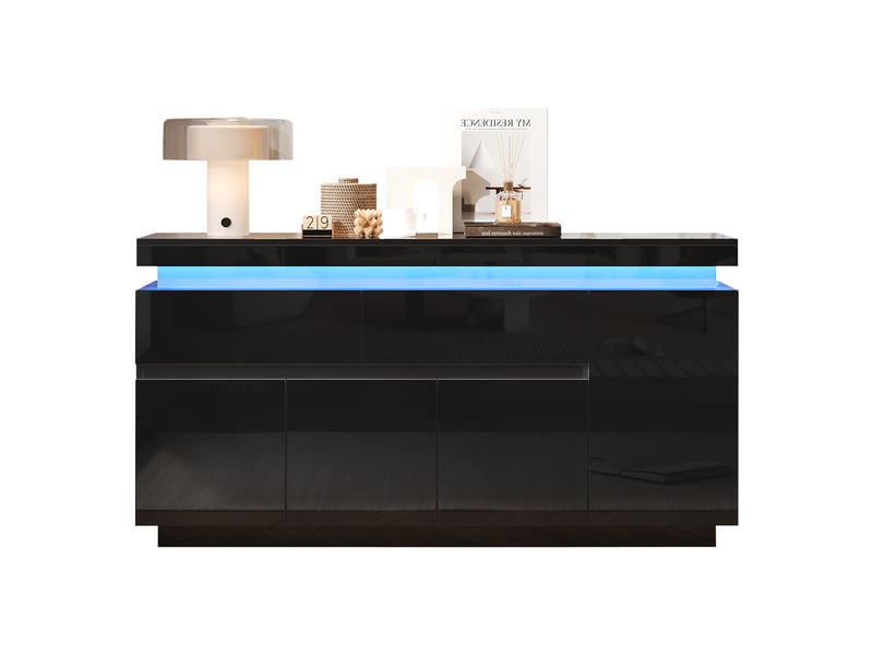 Buffet avec 4 portes, 2 tiroirs et led pour salon 140×35×72,5 cm en panneaux de particules noir - Conforama A