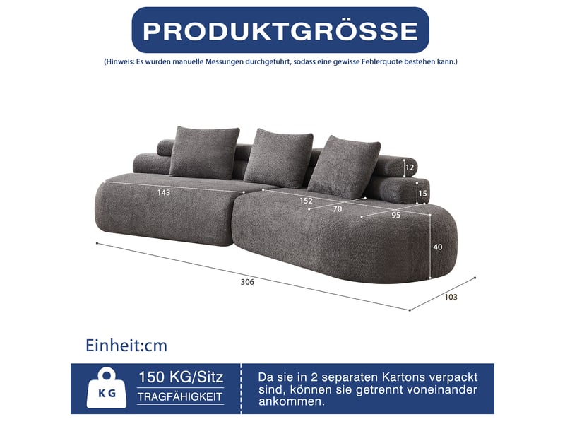  Canapé modulable en velours chenille au design cashew courbé (forme de croissant) – 3 pièces sans angle dur, couleur anthracite pour salon et chambre d’enfants  - Conforama E