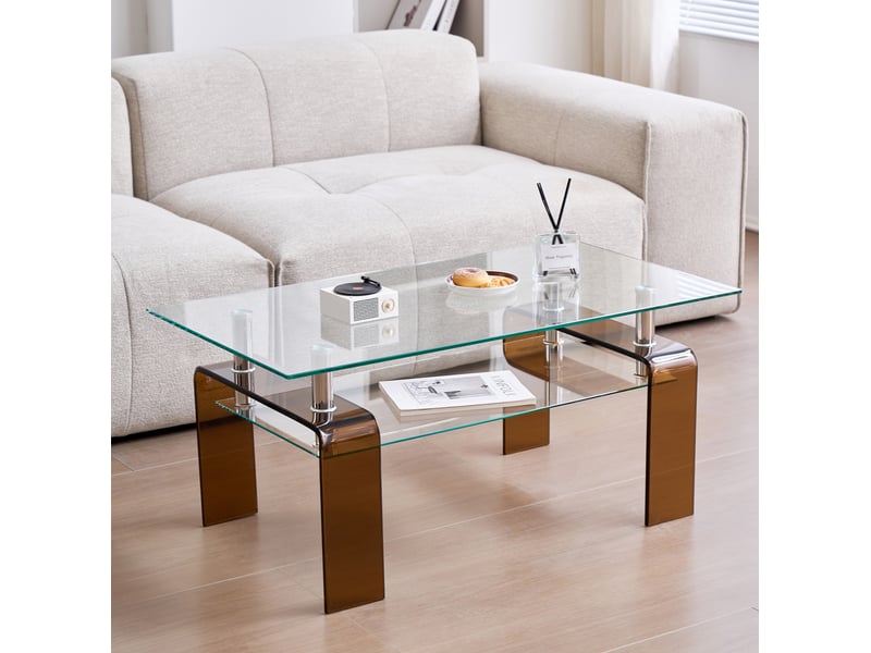  Table basse en verre trempé transparent et métal, pieds en verre marron - 100 x 55 x 45 cm  - Conforama B