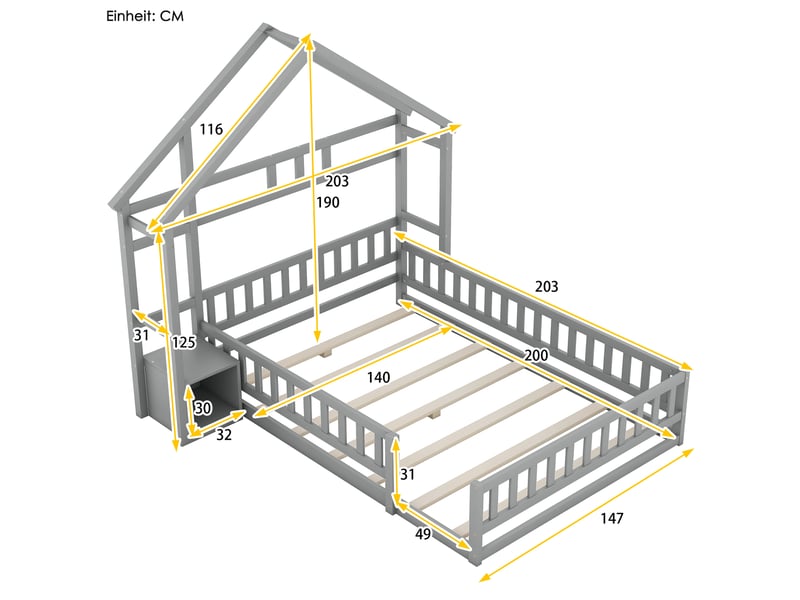  Lit enfant cabane 140x200 cm avec barrières et chevet de rangement gris  - Conforama C