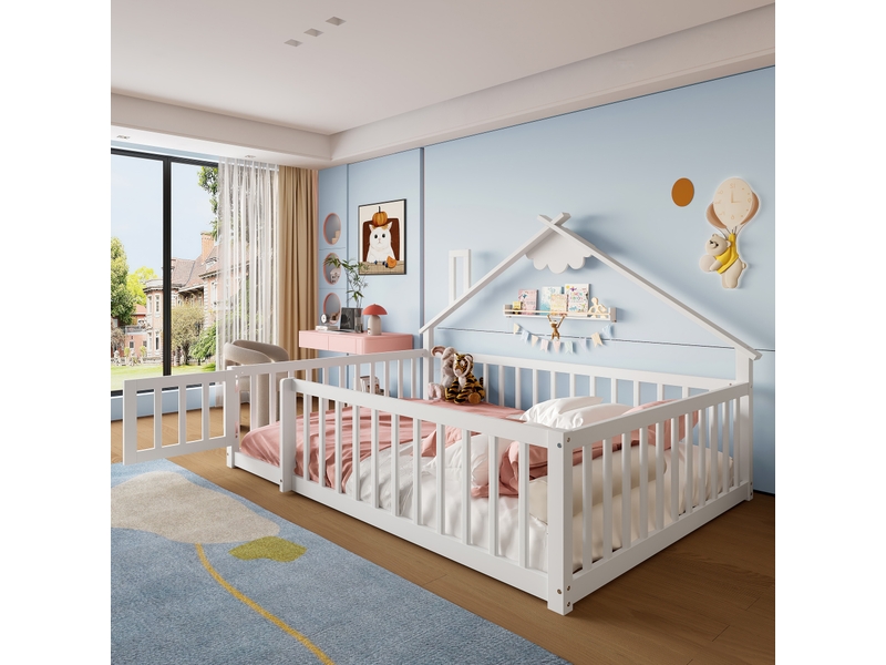  Lit enfant 140x190 cm, forme de maison, garde-corps, sommier, pin blanc, sans matelas  - Conforama W