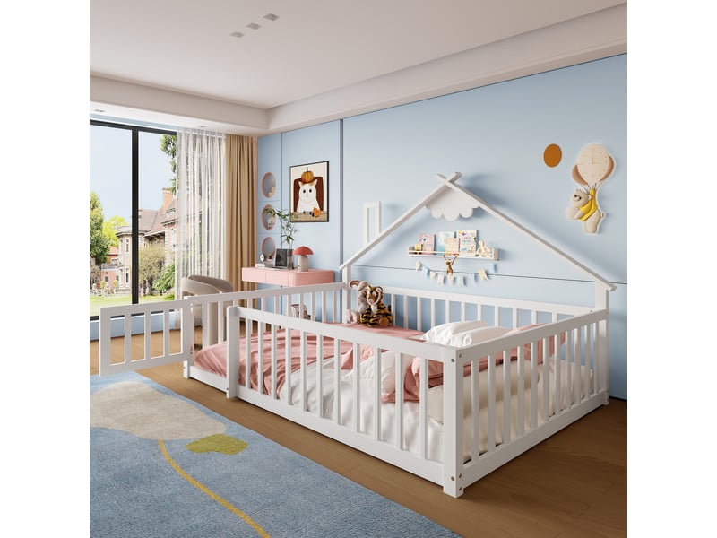  Lit enfant 140x190 cm, forme de maison, garde-corps, sommier, pin blanc, sans matelas  - Conforama W